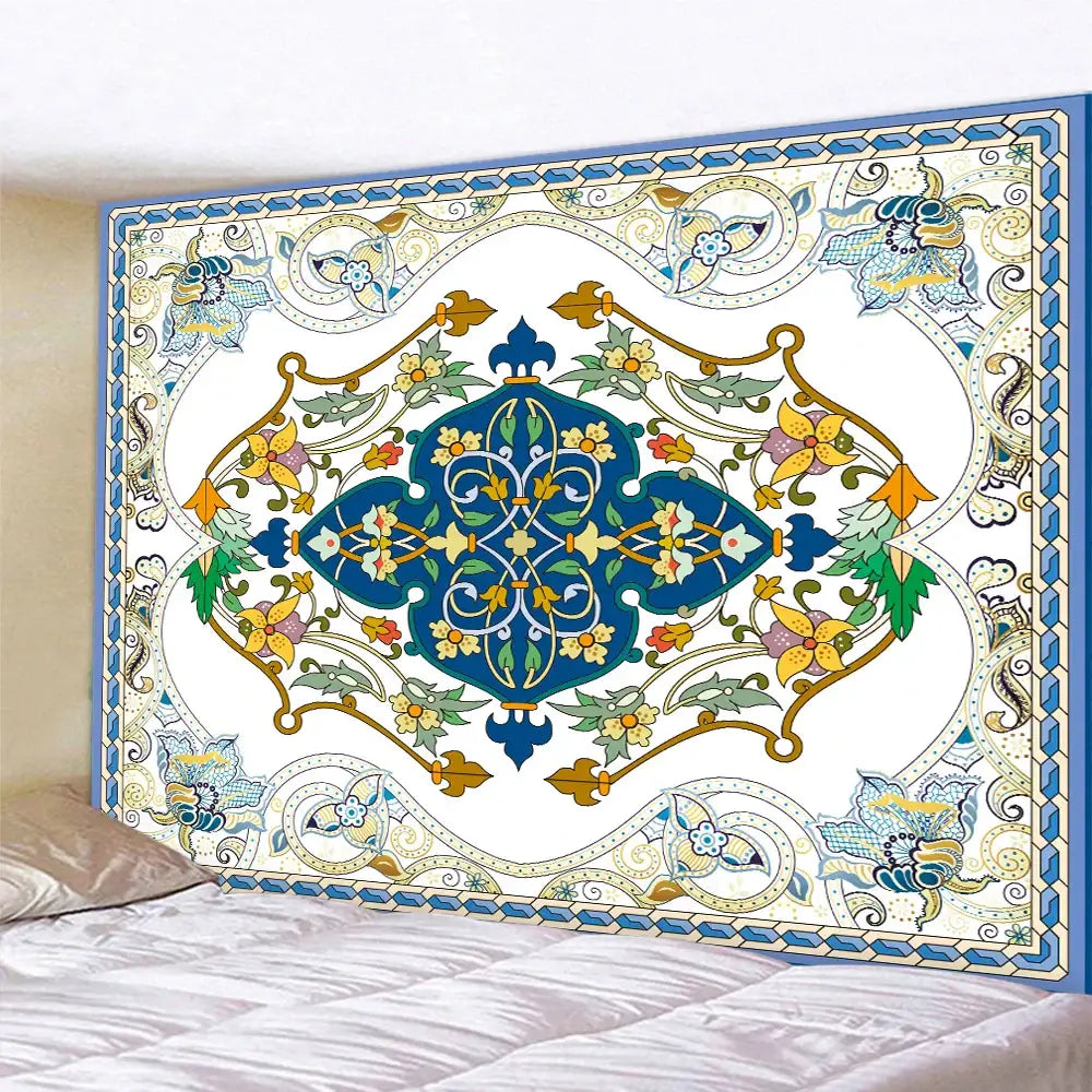 Boho tapestry set featuring a decorative central blue diamond and gold floral patterns on white for bedroom decorbites tapestry set