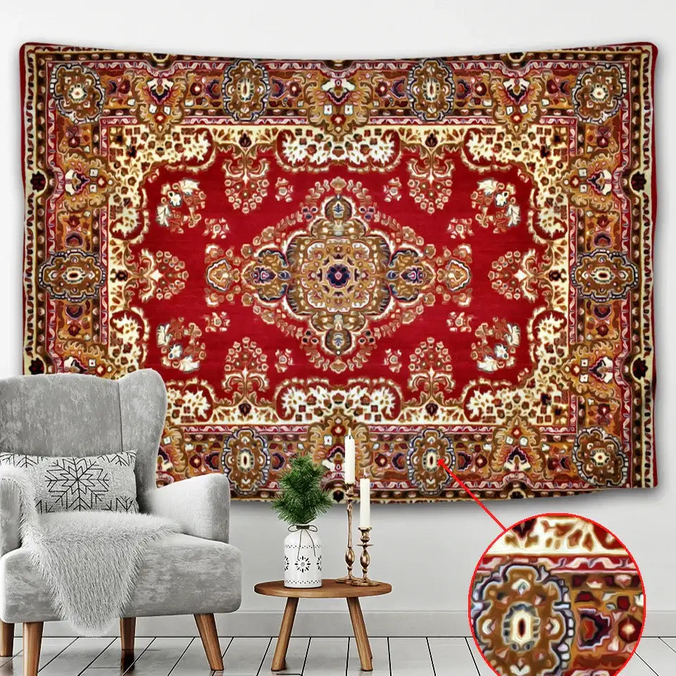Vibrant red and gold decorbites boho tapestry set featuring intricate traditional rug design for bedroom decor