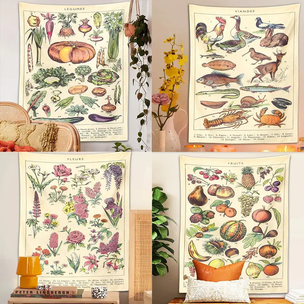 Beige botanical decorbites boho tapestry wall hanging featuring detailed vegetable bird flower and fruit illustrations