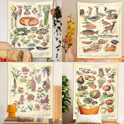 Beige botanical decorbites boho tapestry wall hanging featuring detailed vegetable bird flower and fruit illustrations