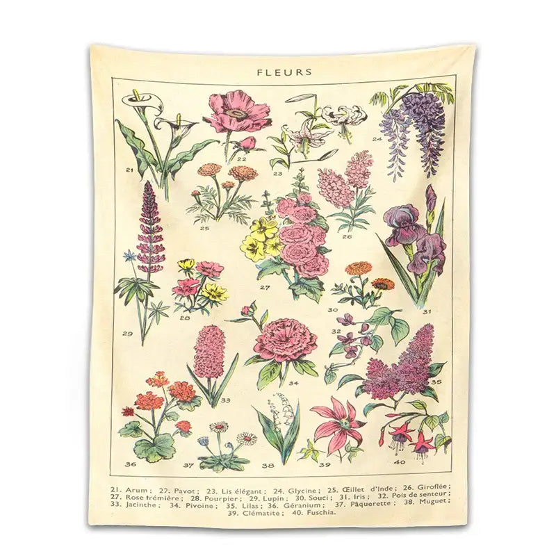Beige floral decorbites boho tapestry wall hanging with vintage pink purple yellow red botanical illustrations and green leaves