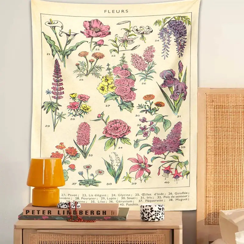 Beige floral decorbites boho tapestry wall hanging with detailed botanical illustrations for bedroom decor