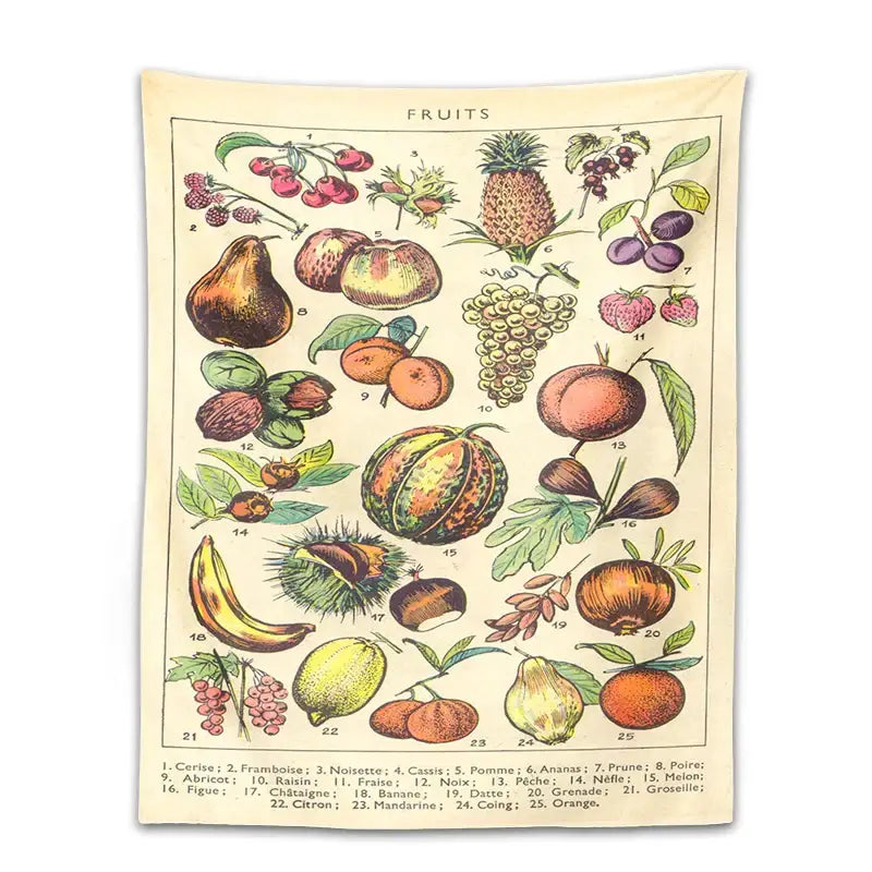 Vintage-style decorbites boho tapestry wall hanging featuring muted earth tone botanical fruit illustrations on beige fabric