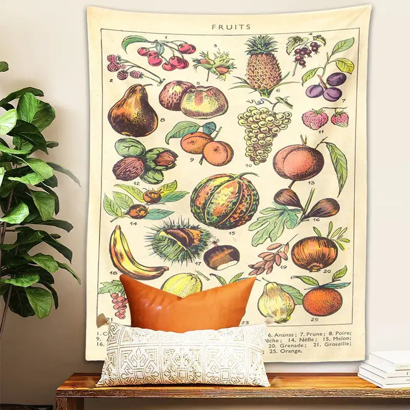 Beige boho tapestry wall hanging with vintage botanical fruit illustrations for bedroom decor by decorbites boho tapestry