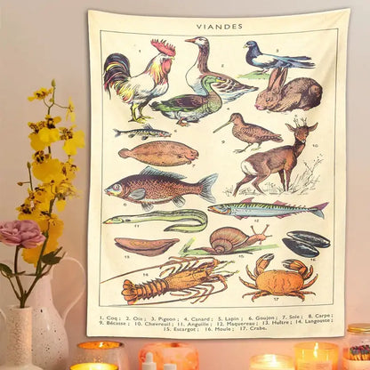 Vintage-style beige decorbites boho tapestry wall hanging featuring detailed animal illustrations in muted earth tones