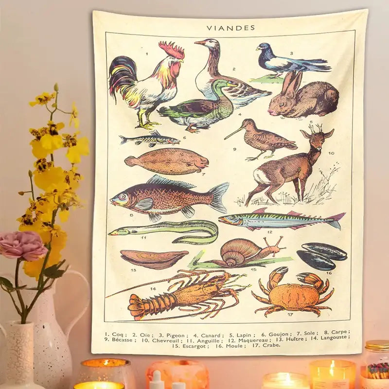 Vintage-style beige decorbites boho tapestry wall hanging featuring detailed animal illustrations in muted earth tones