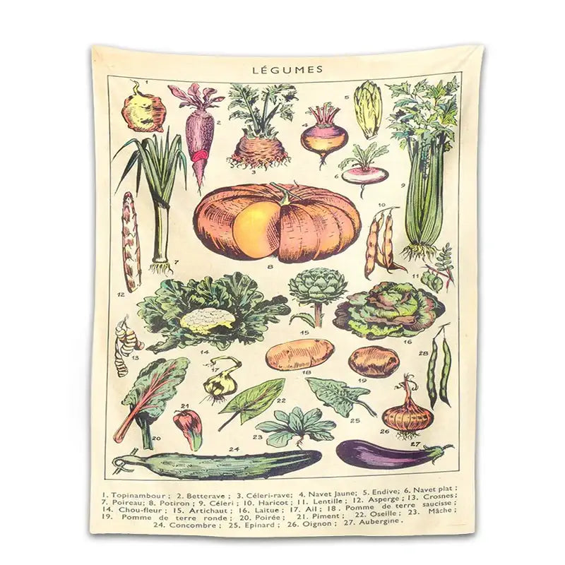 Vintage-style decorbites boho tapestry wall hanging with detailed botanical root vegetables and greens on cream beige background