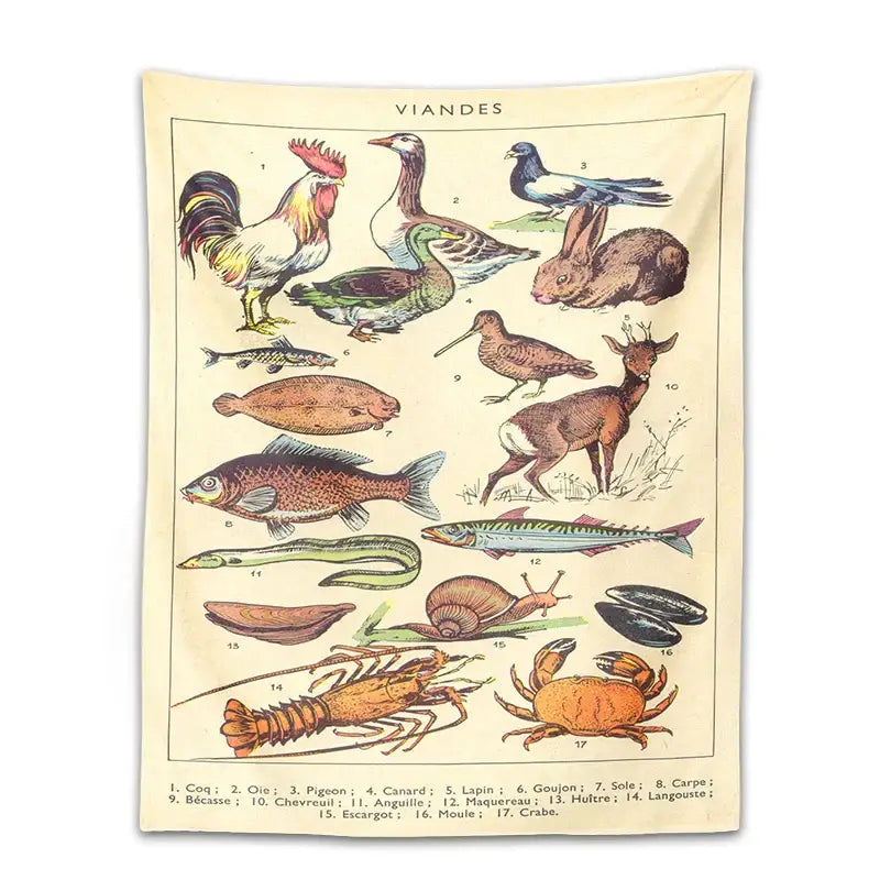 Vintage-style beige decorbites boho tapestry wall hanging featuring detailed animal and seafood illustrations for bedroom decor