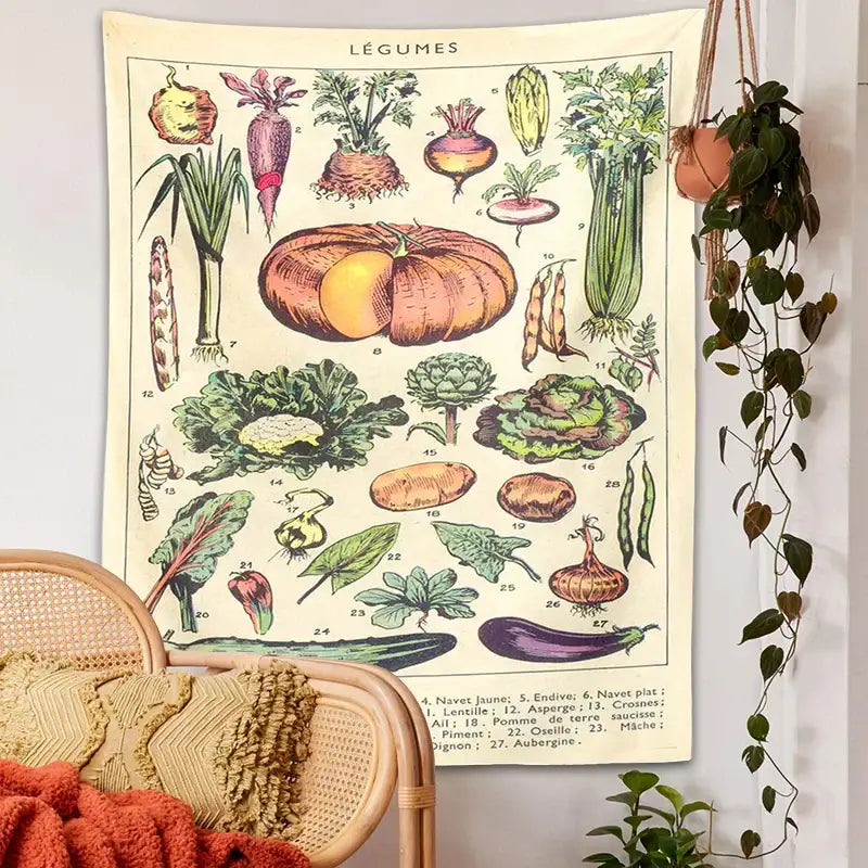 Vintage-style decorbites boho tapestry wall hanging with detailed botanical drawings in muted greens and beige tones