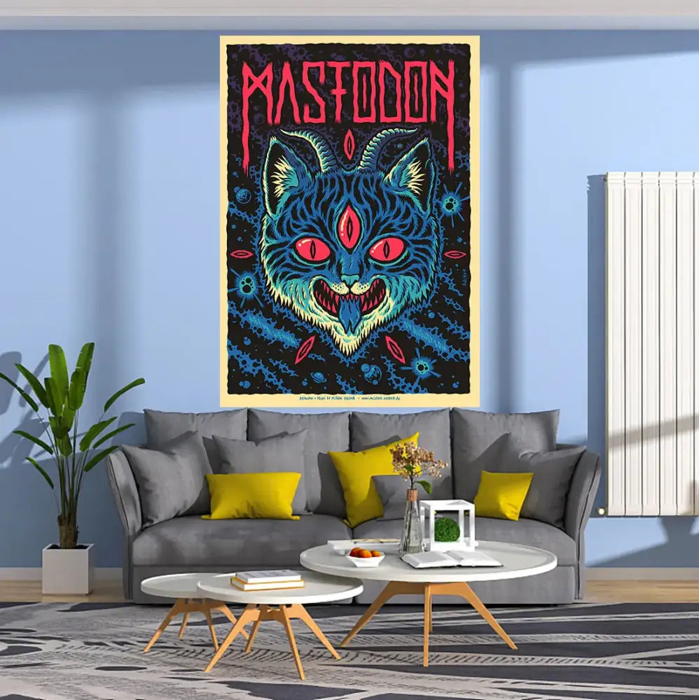 Vibrant blue and red mastodon band decorbites boho tapestry wall hanging featuring a stylized cat with glowing eyes