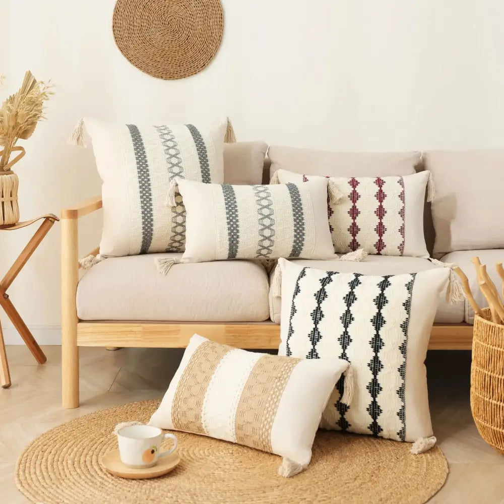 Beige and gray woven boho tassel cushion cover with tassel trim for decorbites boho tassel living room decor