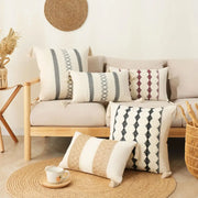 Beige and gray woven boho tassel cushion cover with tassel trim for decorbites boho tassel living room decor