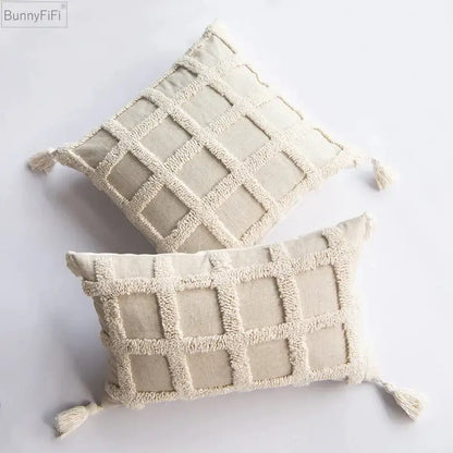 Beige boho tassel cushion cover with cream textured diamond pattern soft linen fabric for living room decorbites boho tassel decor