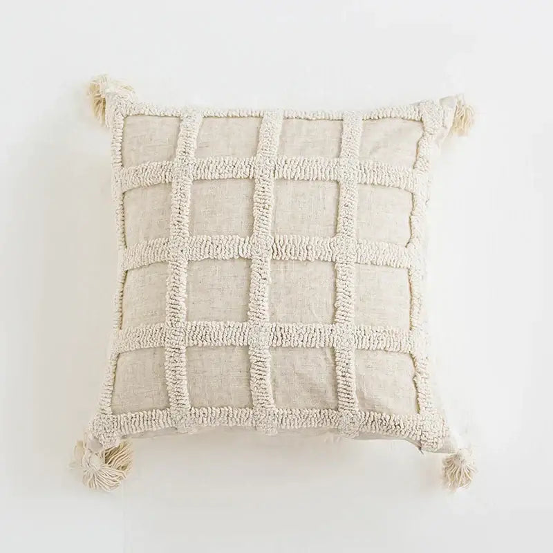 Beige linen boho tassel cushion cover with textured diamond grid pattern and tassels for living room decorbites boho tassel decor
