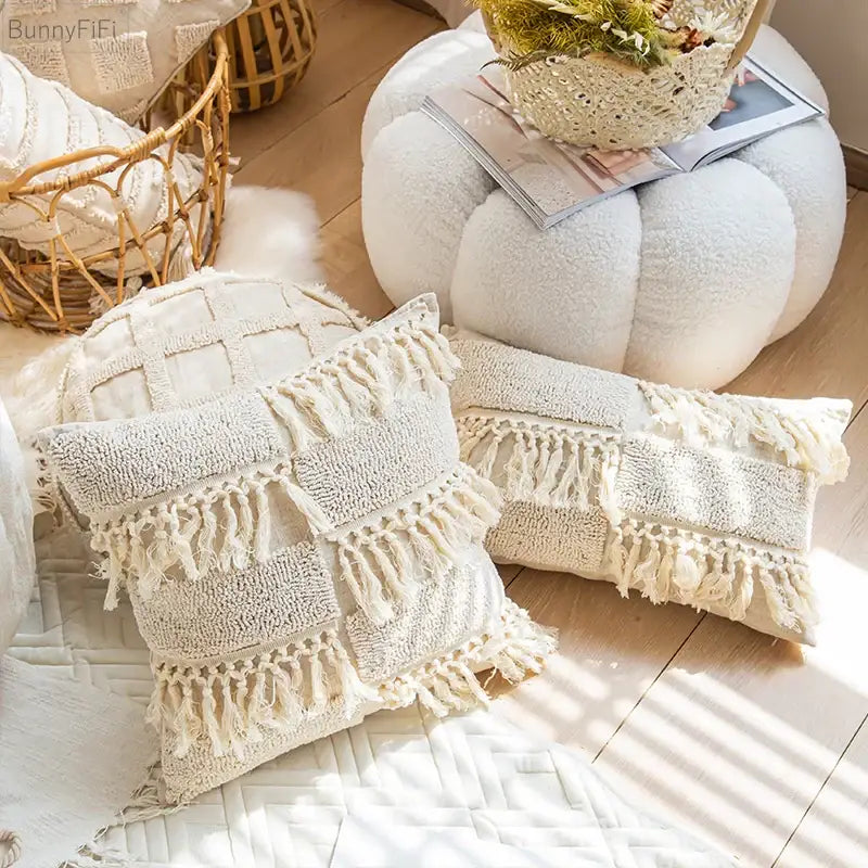 Cream textured diamond boho tassel cushion cover with fringed edges and woven patchwork for living room decorbites decor