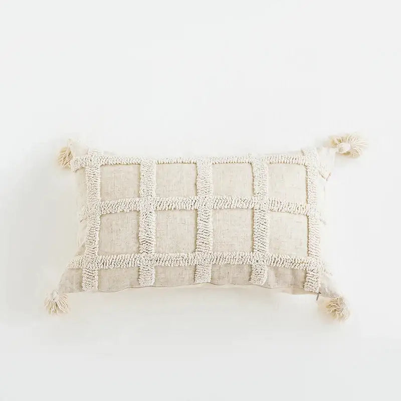 Beige cushion cover with textured diamond grid and tassels by decorbites boho tassel for living room decor