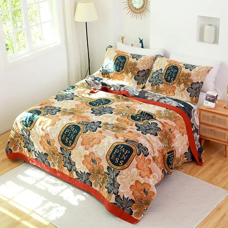 Boho teal floral cotton cover throw blanket set featuring a cozy orange beige comforter with happiness motifs