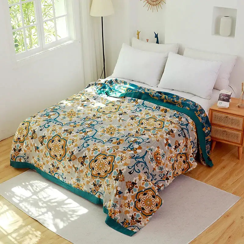 Boho teal floral cotton cover throw blanket with vibrant mandala design on soft lightweight textured fabric
