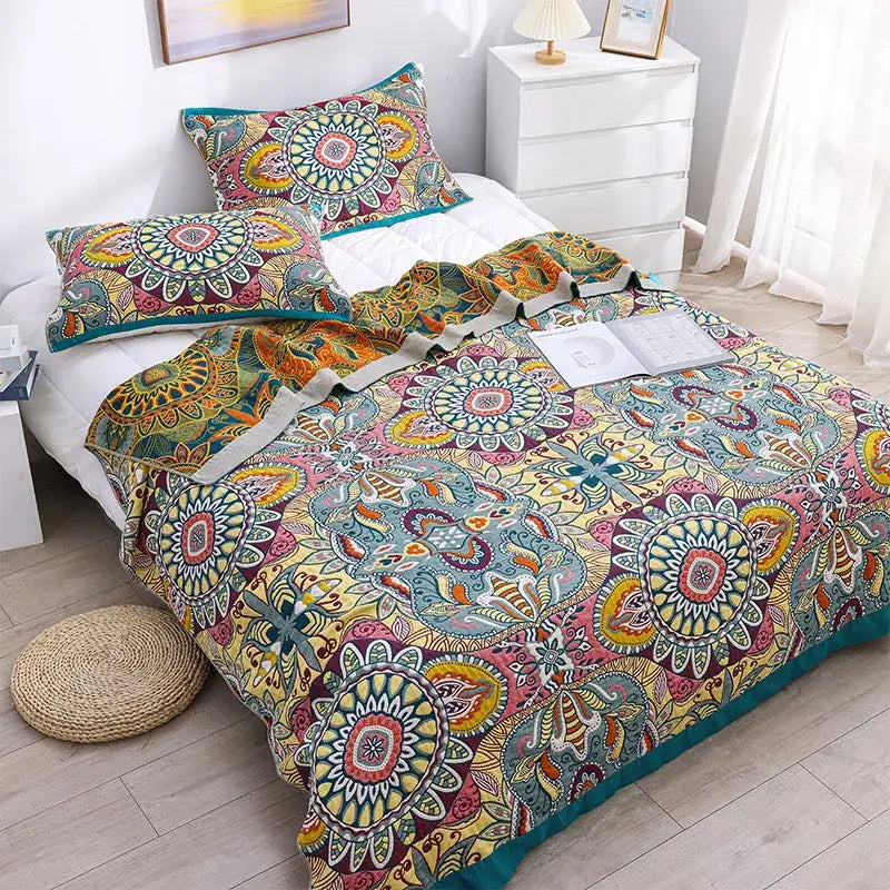 Vibrant multicolored mandala-patterned cotton cover throw blanket with teal trim for boho bedroom quilt set