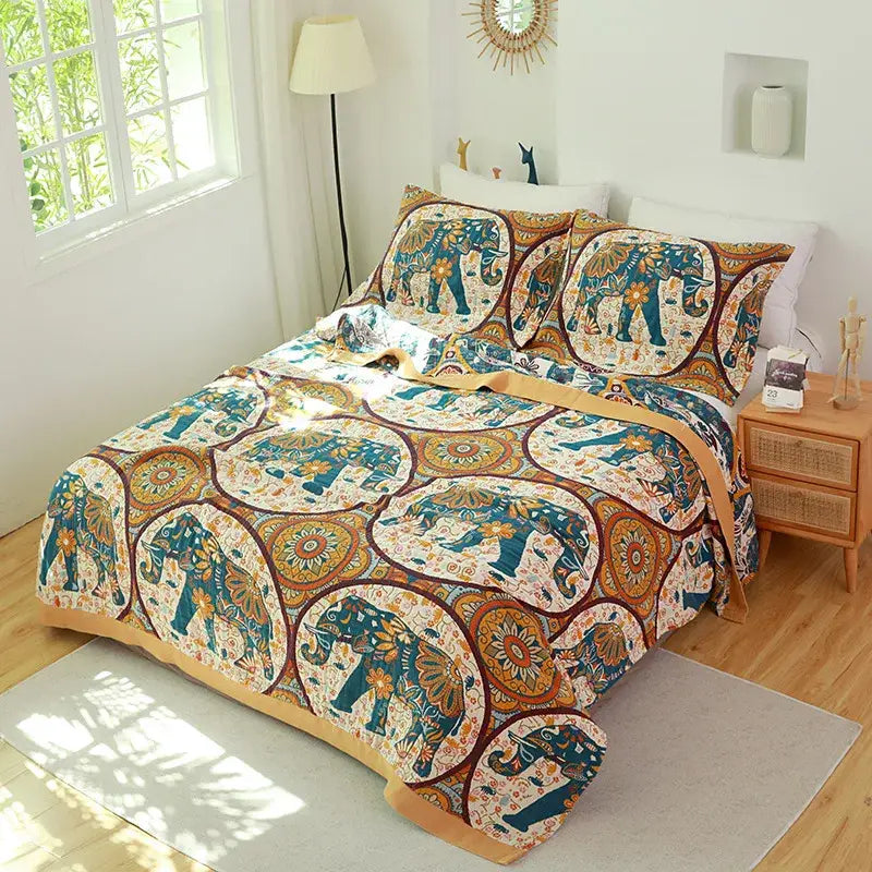 Boho teal floral cotton cover throw blanket with vibrant turquoise and gold elephant pattern and intricate circular designs