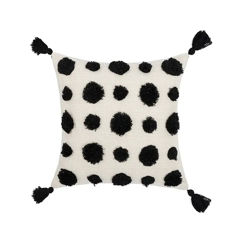 Off-white pillow cover with black textured pom-poms and tassels boho tufted beige decorbites boho tufted design