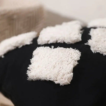 Black cushion pillow cover with fluffy white tufted patches for decorbites boho tufted beige living room decor