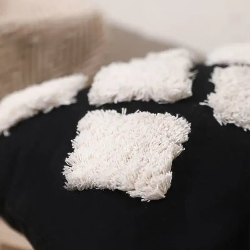 Black cushion pillow cover with fluffy white tufted patches for decorbites boho tufted beige living room decor