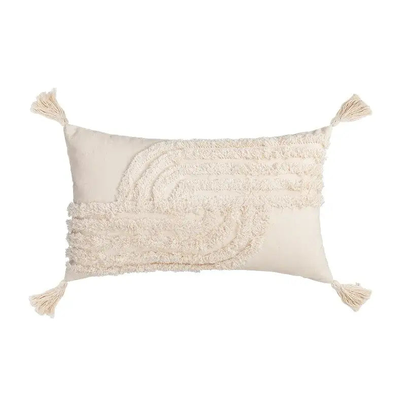 Cream-colored rectangular pillow cover with textured layered fringe and tassels for decorbites boho tufted beige decor