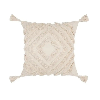 Cream-colored boho tufted beige pillow cover with textured diamond pattern and tassels for living room decorbites decor