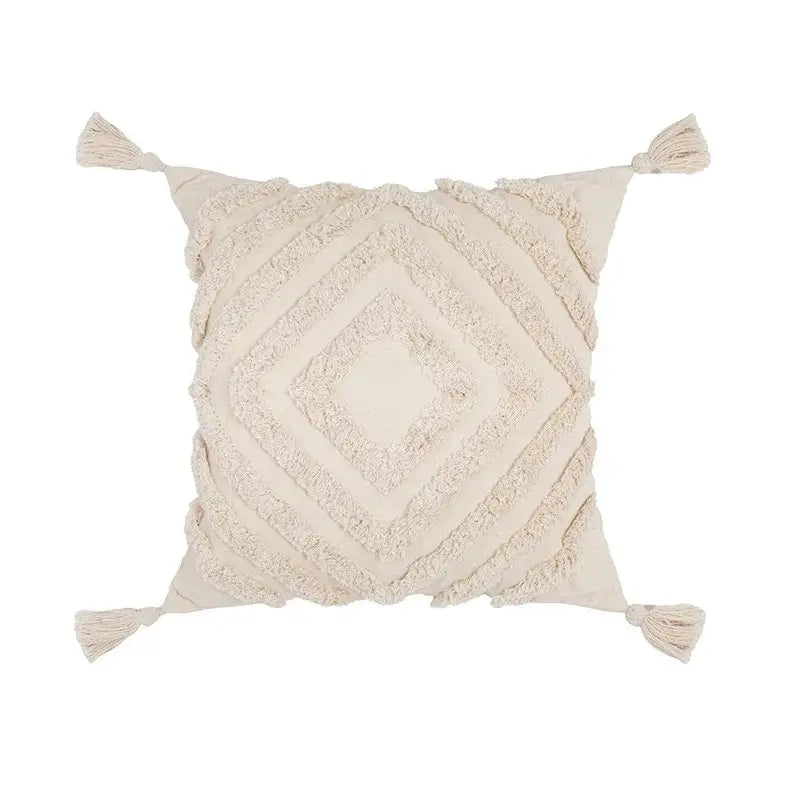 Cream-colored boho tufted beige pillow cover with textured diamond pattern and tassels for living room decorbites decor