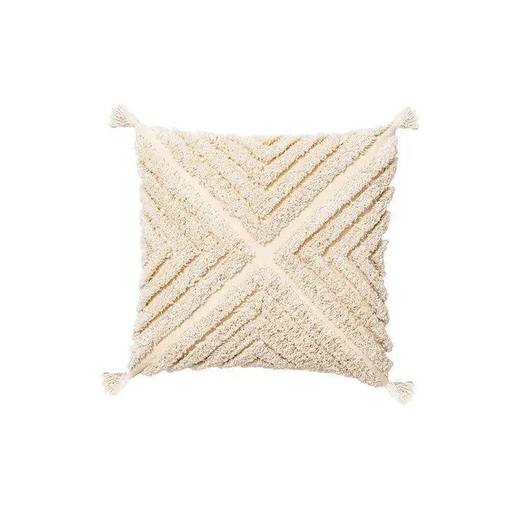 Cream-colored boho tufted beige pillow cover with geometric chevron pattern and tassels for living room decorbites decor