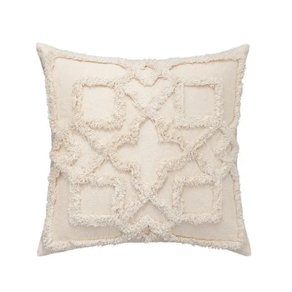 Cream-colored boho tufted embroidered cushion cover with textured frayed geometric pattern for living room decorbites