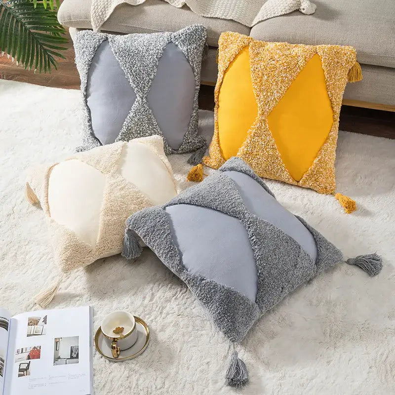 Cozy decorbites boho tufted embroidered cushion covers in gray beige with diamond patchwork and tassel accents for living room decor