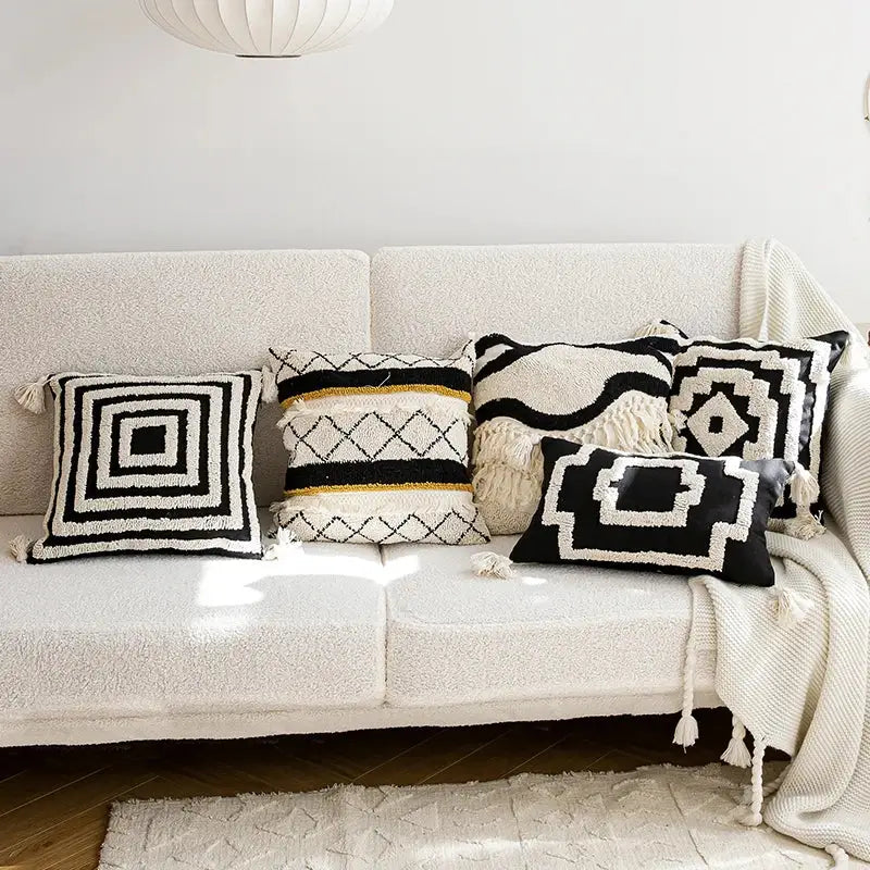 Black and white geometric boho tufted pillow cover with woven texture and tassels for living room decorbites boho tufted pillow