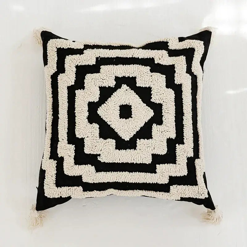 Black and cream pillow cover with boho tufted geometric design and fringed edges for living room decorbites boho tufted pillow