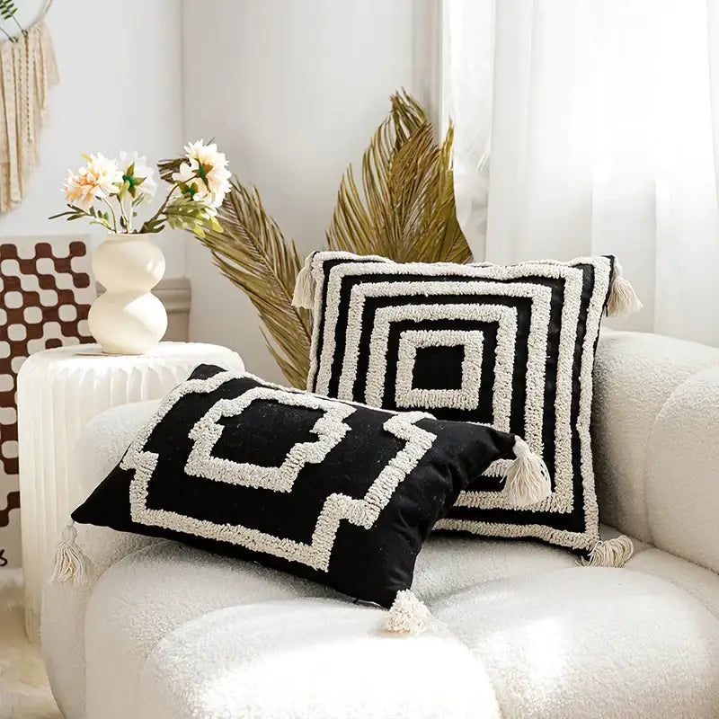 Black and white boho tufted pillow cover with geometric pattern and tassel trim for living room decorbites boho tufted pillow