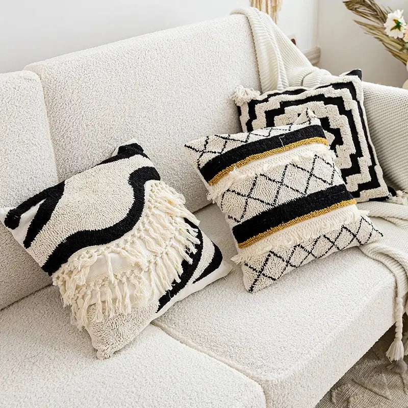 Black and cream woven boho tufted pillow cover with fringe tassels decorbites boho tufted pillow for living room decor