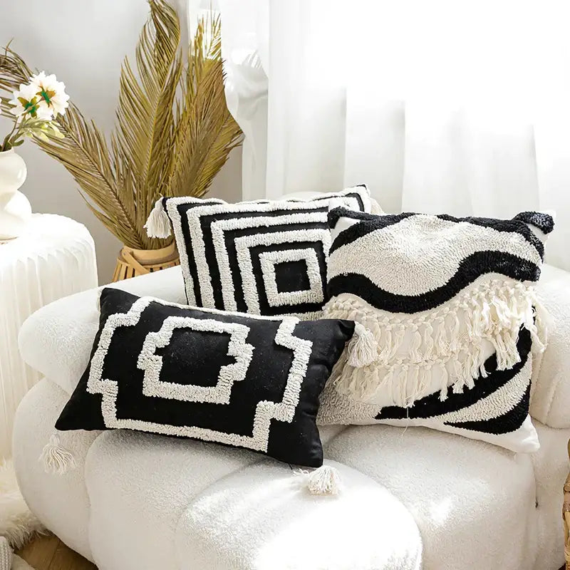 Black and white boho tufted pillow cover with geometric patterns and tassels for living room decorbites boho tufted pillow