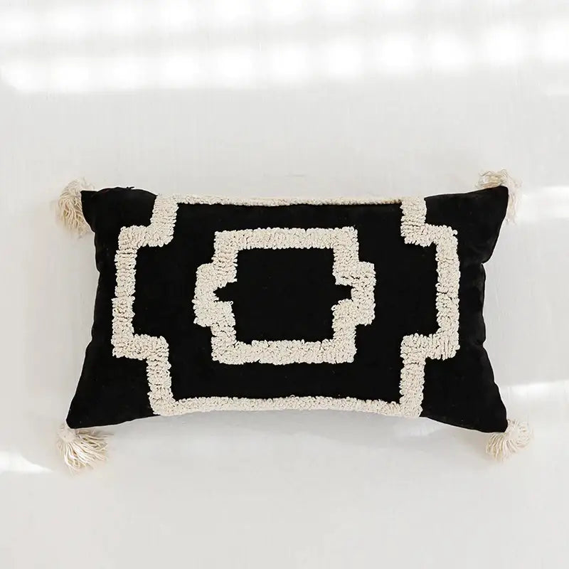 Black velvet rectangular boho tufted pillow cover with cream geometric pattern and tassels for living room decorbites boho tufted pillow