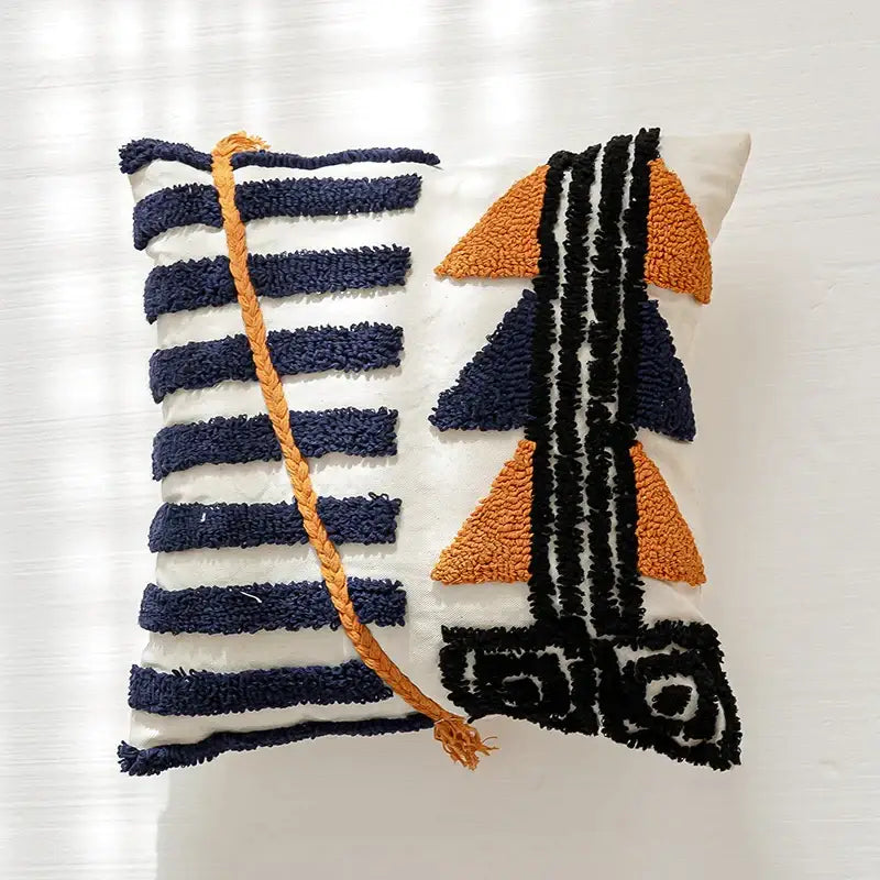 Textured white boho tufted pillow cover with navy burnt orange geometric patterns for living room decorbites decor