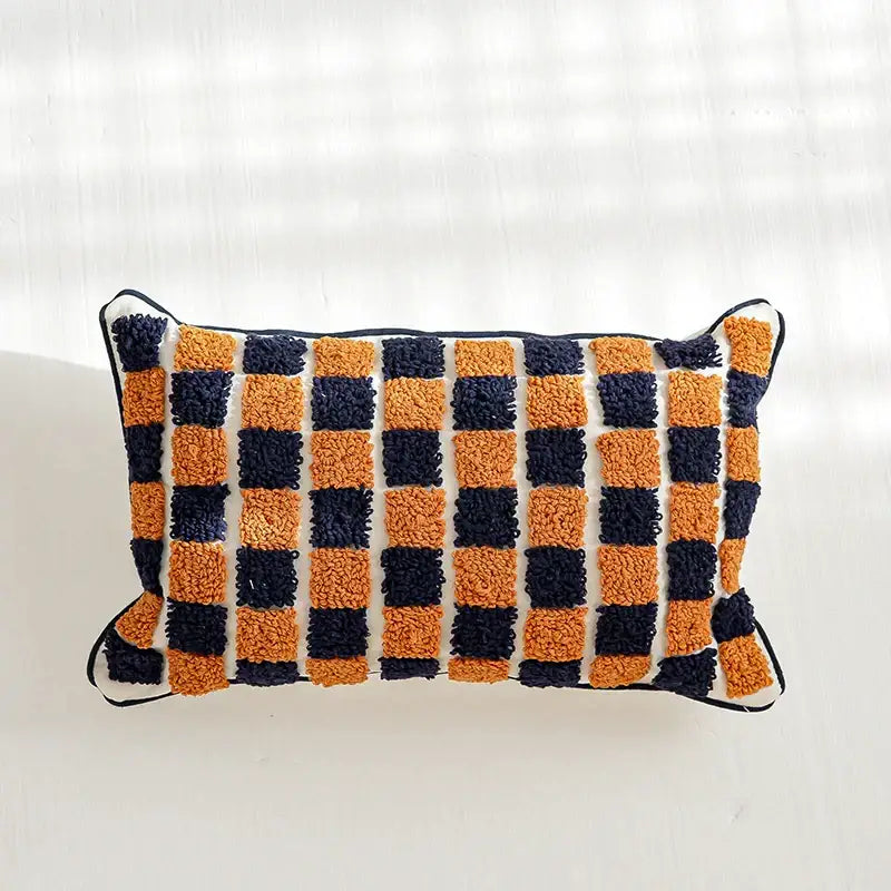 Rectangular boho tufted pillow cover with plush checkered pattern in navy and burnt orange for living room decorbites decor