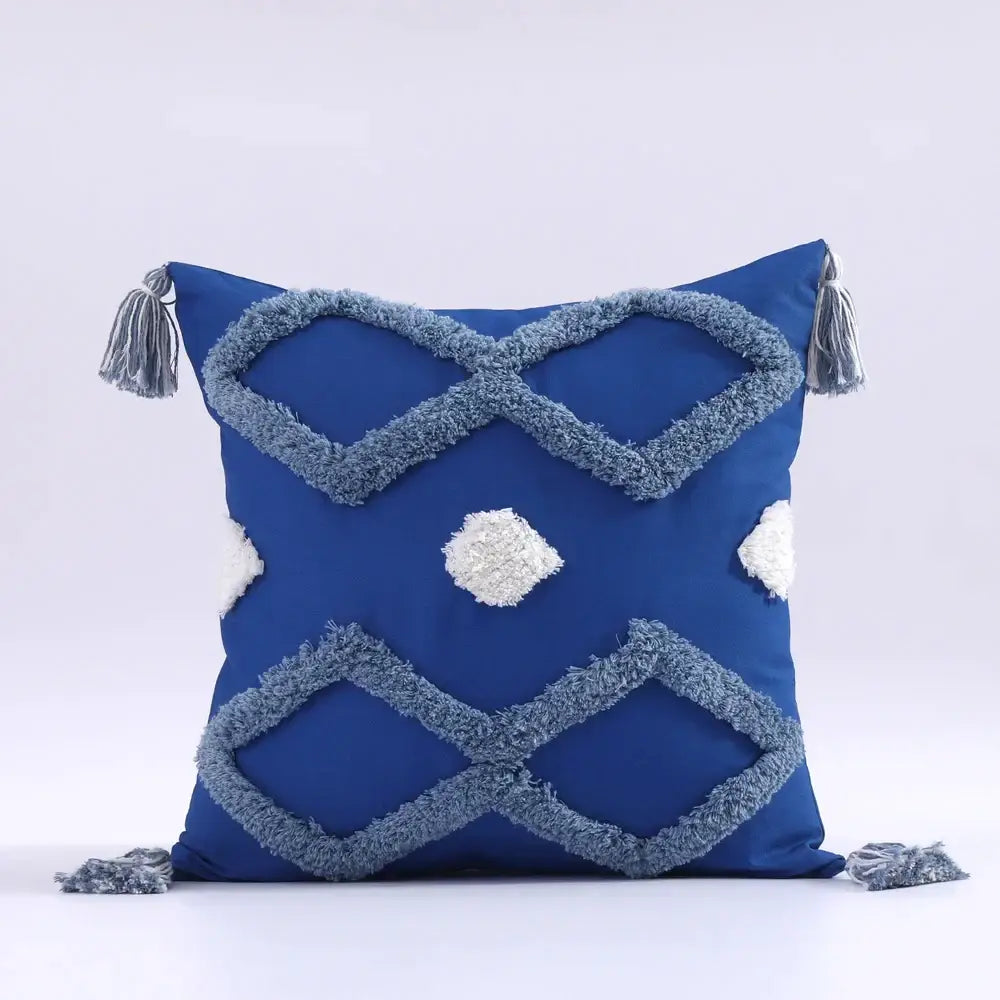 Vibrant blue boho tufted tassel cushion cover with textured gray and white geometric embroidery for decorbites living room decor