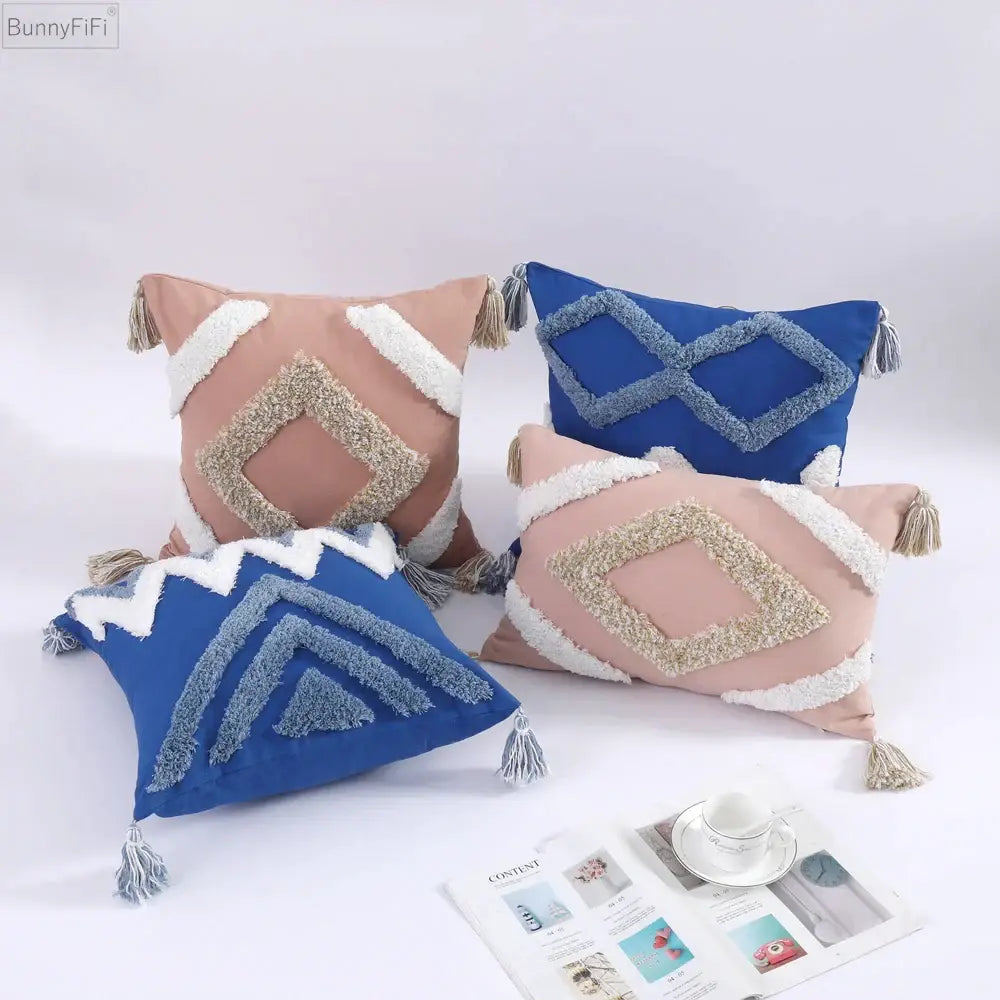 Bunnyfifi boho tufted tassel cushion cover in blush pink and navy blue for stylish living room decorbites boho tufted use