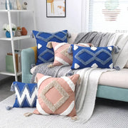 Boho tufted tassel blue and pink cushion cover with geometric pattern and tassel trim for living room decorbites boho tufted decor