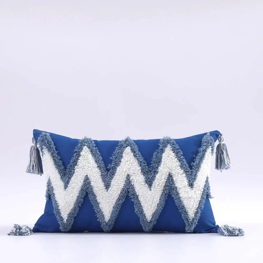 Blue rectangular cushion cover with white gray zigzag yarn pattern and tassels for decorbites boho tufted tassel decor