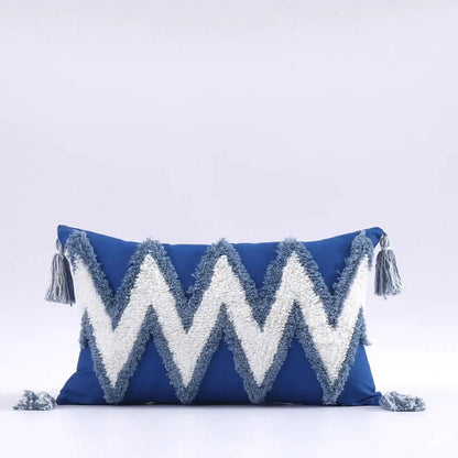 Blue rectangular cushion cover with white gray zigzag yarn pattern and tassels for decorbites boho tufted tassel decor