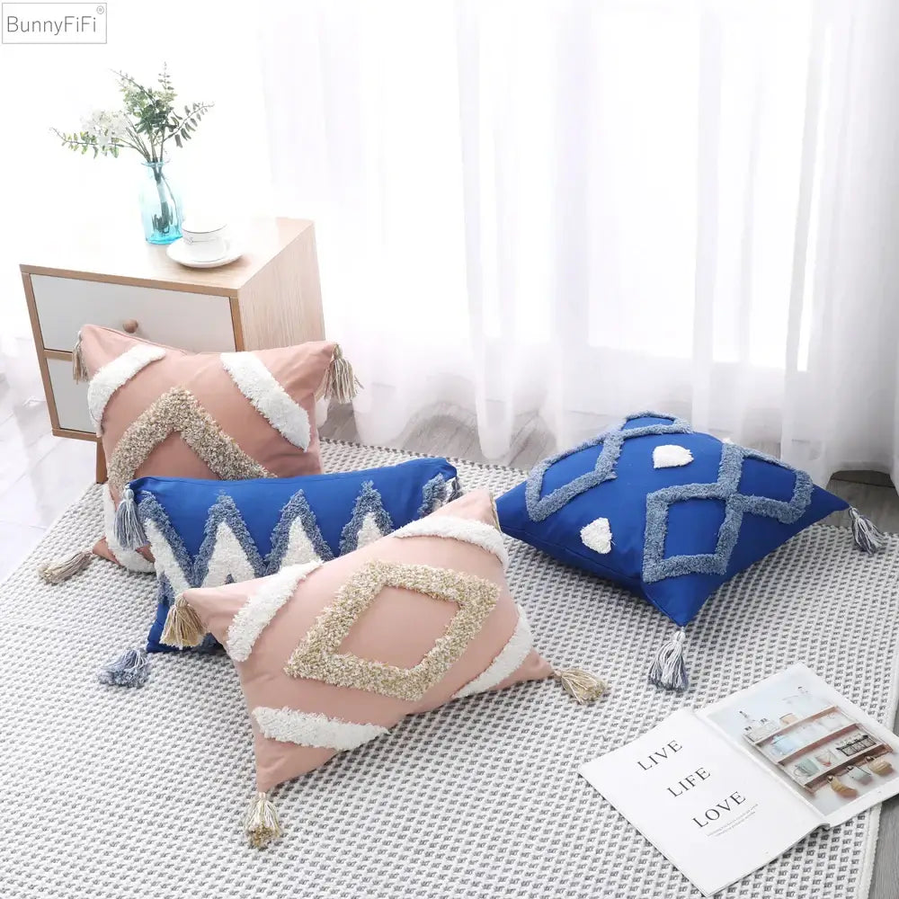 Pastel pink and royal blue boho tufted tassel cushion cover with geometric fringe pattern for living room decorbites decor