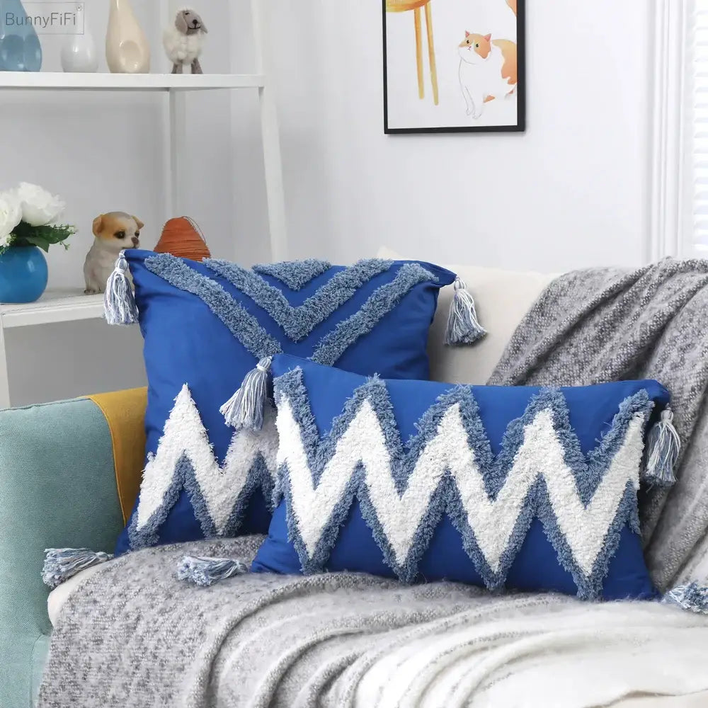 Blue and white zigzag patterned boho tufted tassel cushion cover for living room decorbites boho tufted style