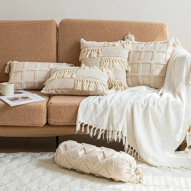 Cream-colored boho tufted tassel cushion cover with textured woven geometric patterns for living room decorbites decor