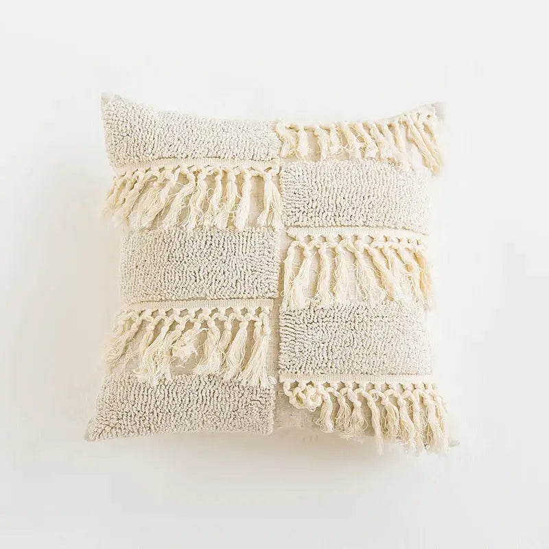 Cream-colored textured cushion cover with boho tufted tassel patchwork design for living room decorbites boho tufted